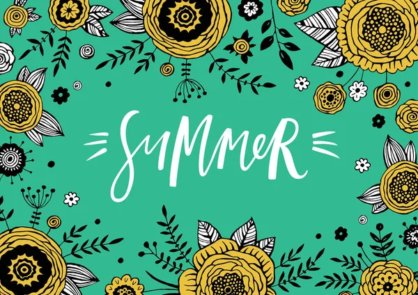 Gratulationskort Med Handgjorda Blommor Och Handlettered Ordet Sommar Vektorillustration Stockillustration