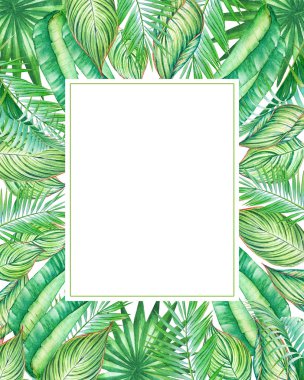Tropik bitkiler ve beyaz arka plan üzerinde izole yaprak suluboya çerçeveli. Düğün davetiyeleri, metin için boş alan ile tebrik kartları tasarımı için çizimi.