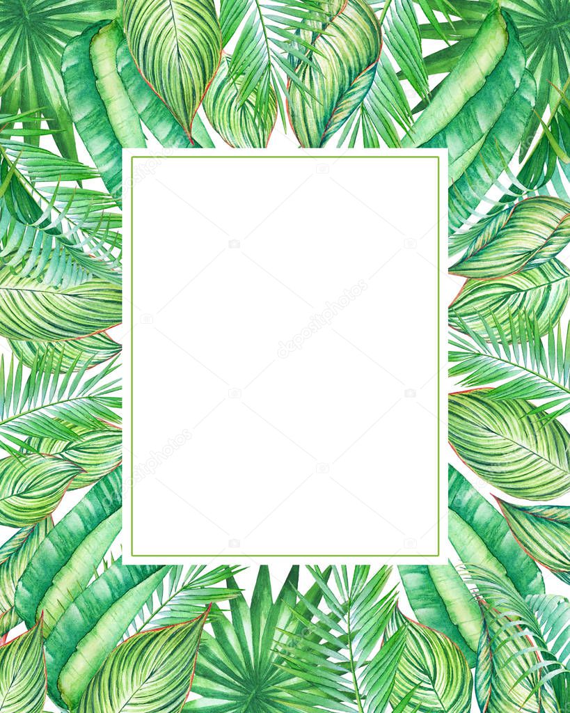 Watercolor frame with tropic plants and leaves isolated on white background. Illustration for design of wedding invitations, greeting cards with empty space for text.