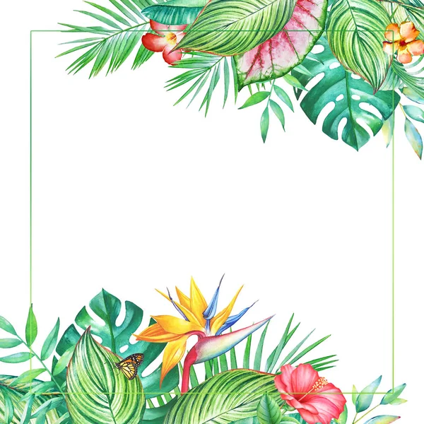 Aquarellrahmen Mit Tropischen Blättern Und Blüten Auf Weißem Hintergrund Illustration — Stockfoto