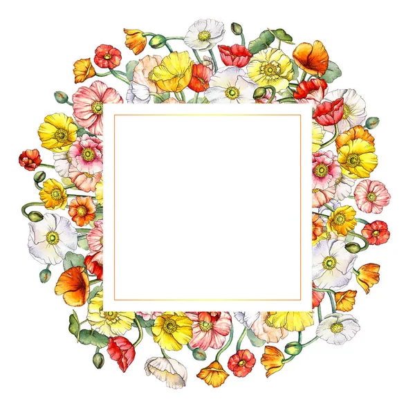 Romantik çiçek davetiye kartı şablonu suluboya el ile boyalı haşhaş çiçekleri ve metin için boş yer. 