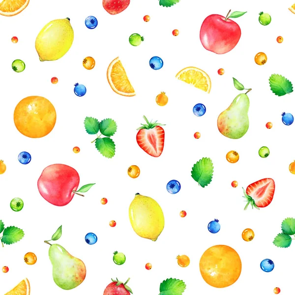 Pattern with hand drawn cute watercolor fruits and berries — Stock Photo, Image