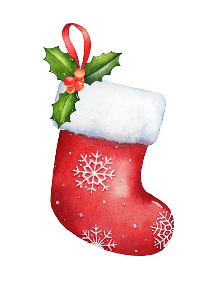 Akvarelu Umělecké Kreslení Prázdný Červené Vánoční Punčocha Pobočkou Holly Rostlin — Stock fotografie