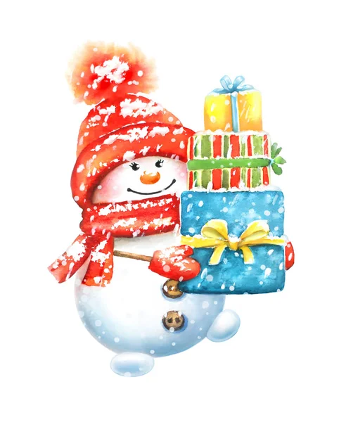 Watercolor hand drawn cute Snowman in red hat and mittens carrying present boxes isolated on white bakground. Useful for Christmas and New Year design.