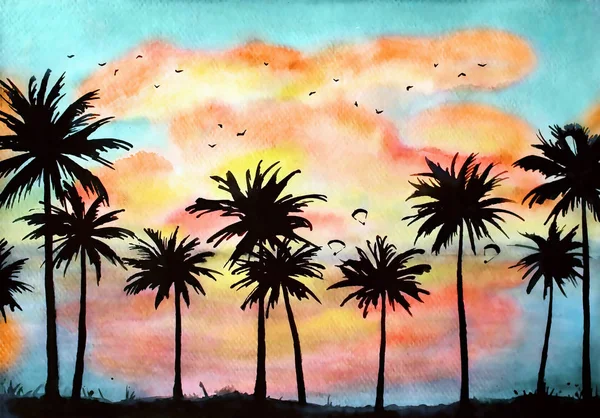 Watercolor Tropical Landscape Palms Ocean Orange Clouds Sunset — Stock Photo, Image