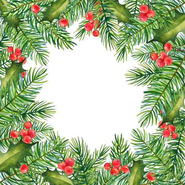 Decorative Christmas Floral Frame Watercolor Branches Holly Berries Pine Tree — Stock Photo, Image