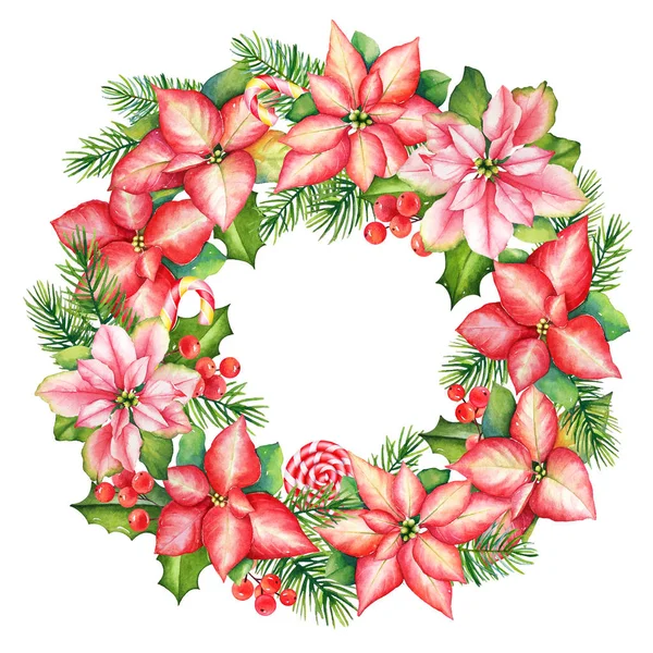 水彩手画的花环从红色和粉红色的一品红花 松树和冬青分枝与浆果和棒棒糖糖果在白色的背景 美丽的花卉框架为圣诞节设计 — 图库照片