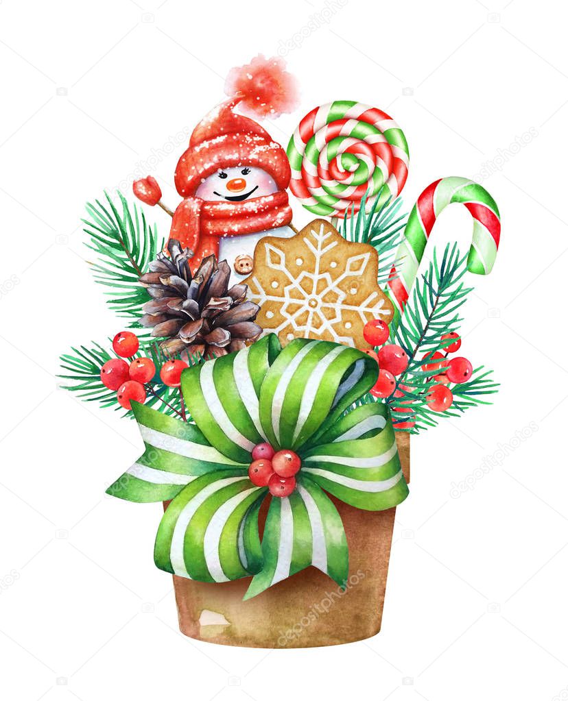 Christmas watercolor illustration. Box with ribbon, pine branches, holly berries, cookies, sweets and lollipops and a cute snowman in a hat and mittens isolated on white background. 