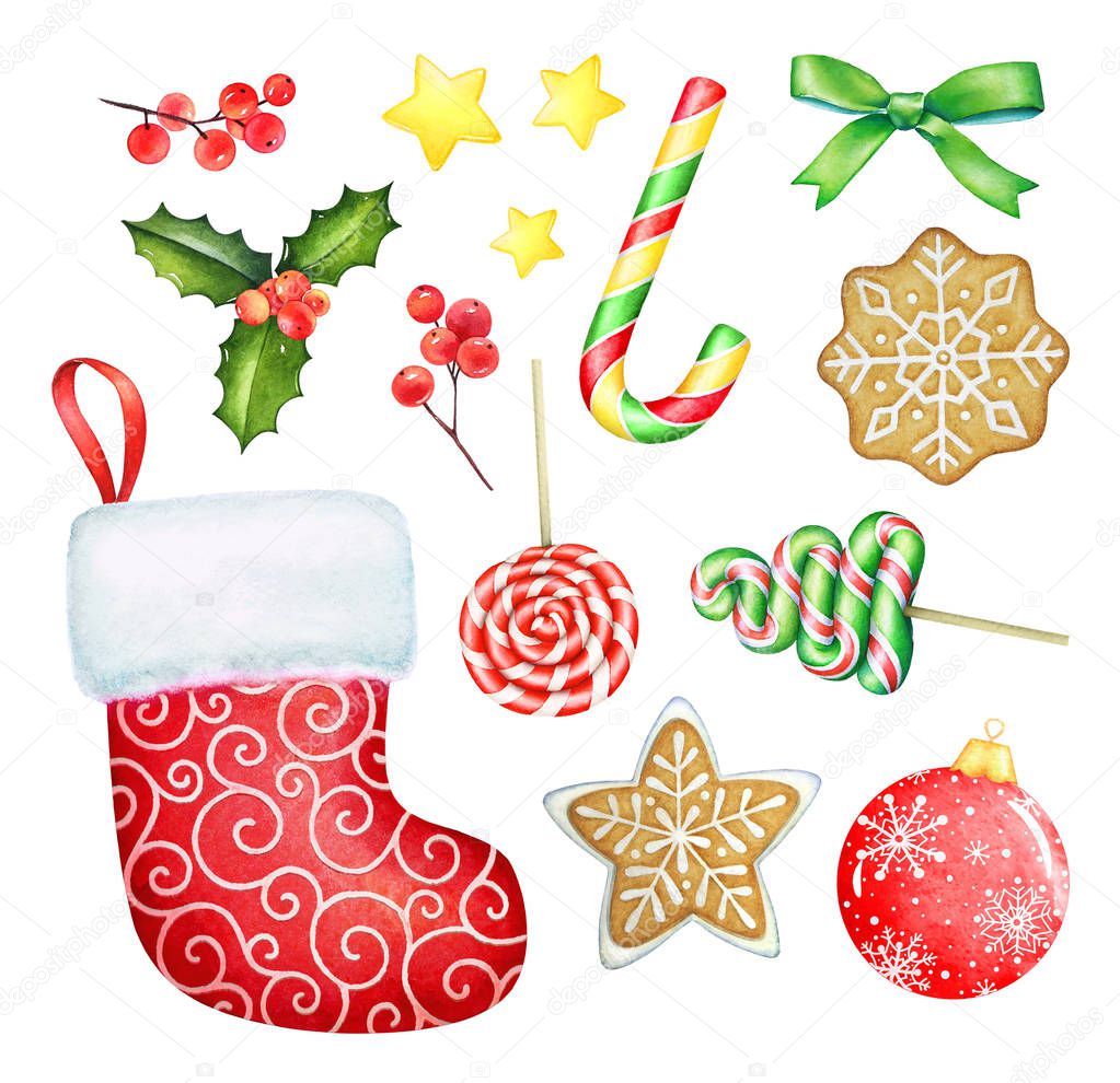 Watercolor holiday illustration. Sock, ginger cookies, sweets and lollipops, holly berries, ball isolated on white background. Usefull for Christmas and New Year design.