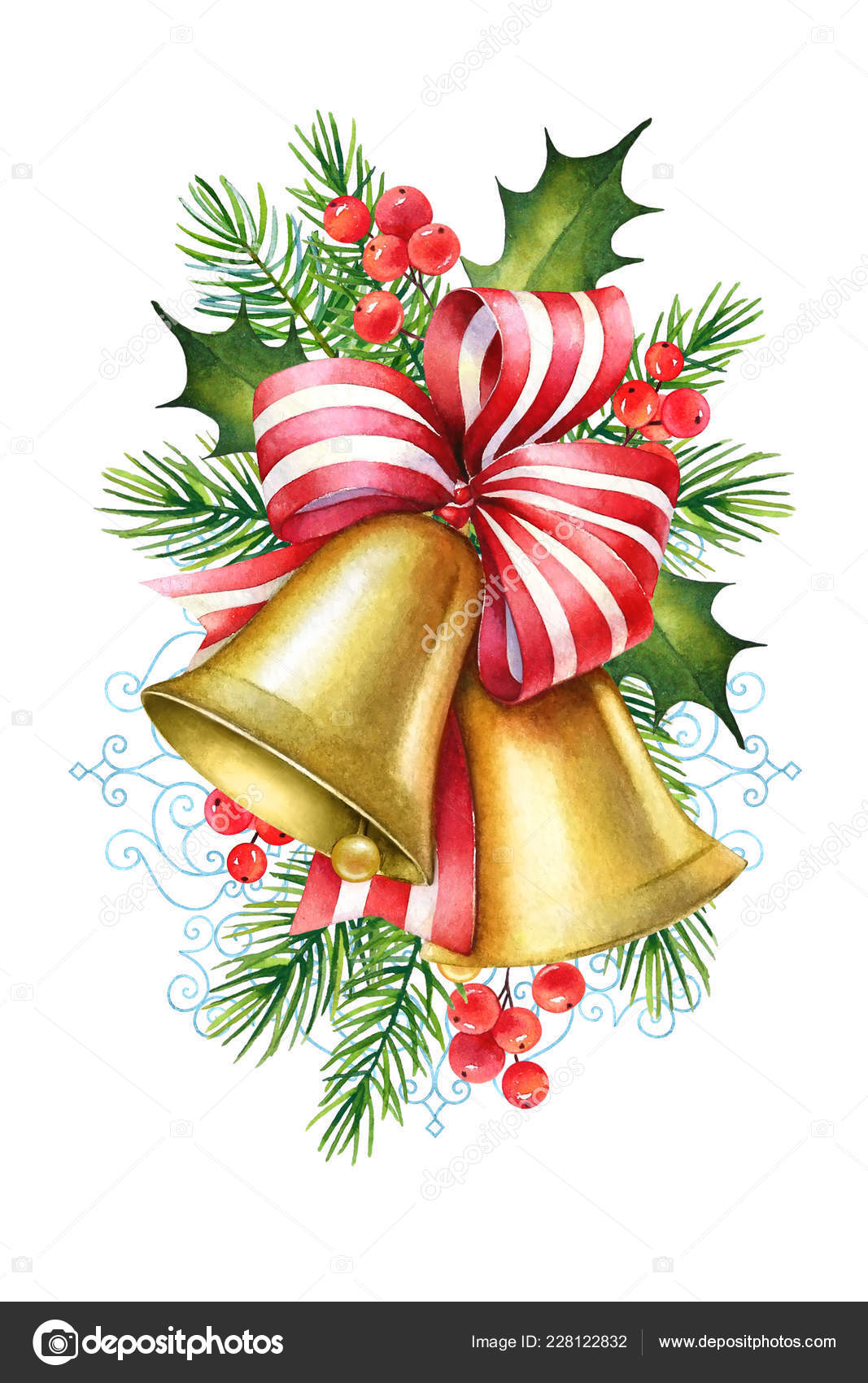 Aquarell Weihnachten Illustration Von Goldenen Glocken Mit Rotem Band