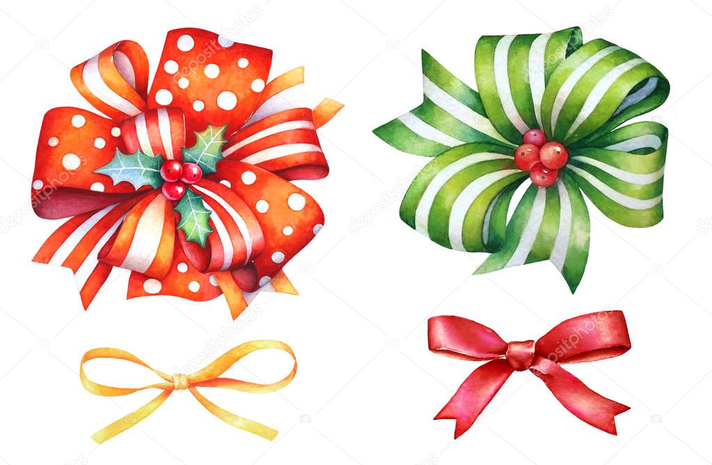 Collection of watercolor hand drawn colorful ribbons for Christmas and New Year holiday design isolated on white background.
