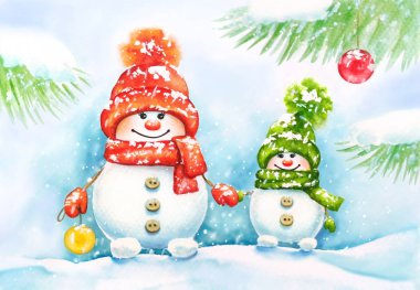 Suluboya şapka, bere ve eldiven ormandaki iki sevimli kardan adam ile çizilmiş yeni yıl kartı ver. Onlar birbirlerinin ellerini tutun. Noel ve yeni yıl kartları tasarımı.