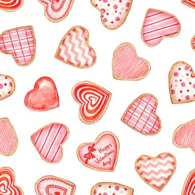 Suluboya elle çizilmiş kalp şeklinde şeker ve Çerezler ile Seamless modeli sır, beyaz arka plan üzerinde izole ile dekore edilmiştir. Valentine's day, kağıt, menü, Tekstil ve diğer kaydırma için mükemmel.