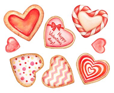 Collection of watercolor hand drawn heart shaped cookies and candies decorated with glaze isolated on white background. Set of elements for Valentine's day design.