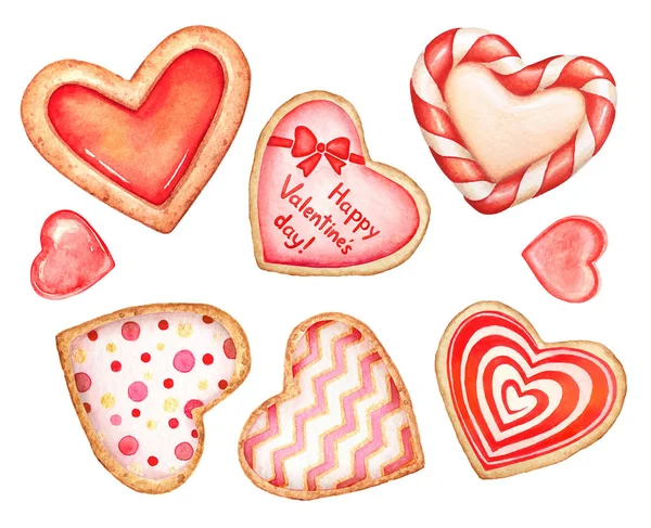 Collection Watercolor Hand Drawn Heart Shaped Cookies Candies Decorated Glaze — Stockfoto