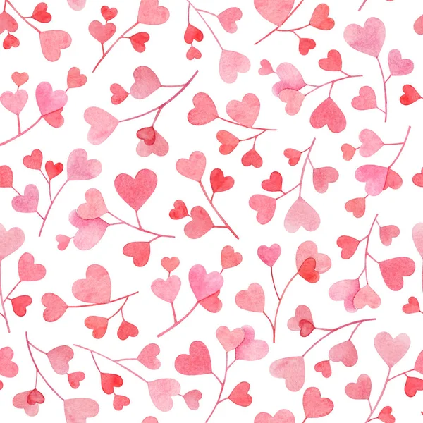 Seamless Pattern Watercolor Hand Drawn Branches Pink Red Heart Shaped — Stock Photo, Image