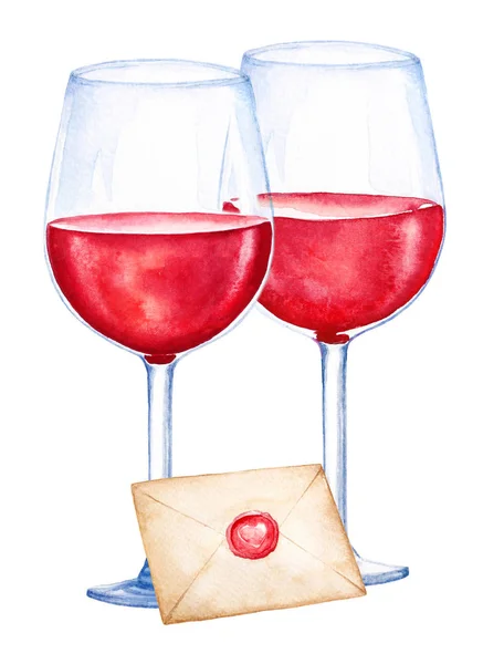 Akvarell Illustartion Två Glas Med Rött Vin Och Stängt Kuvert — Stockfoto