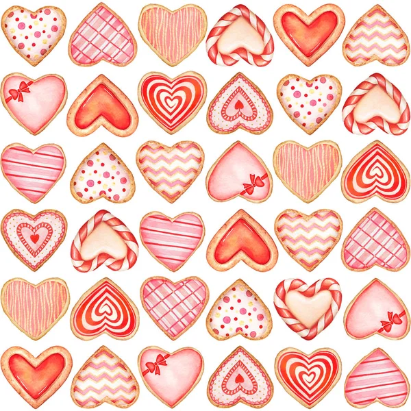 Padrão Sem Costura Com Aquarela Mão Desenhada Forma Coração Cookies — Fotografia de Stock