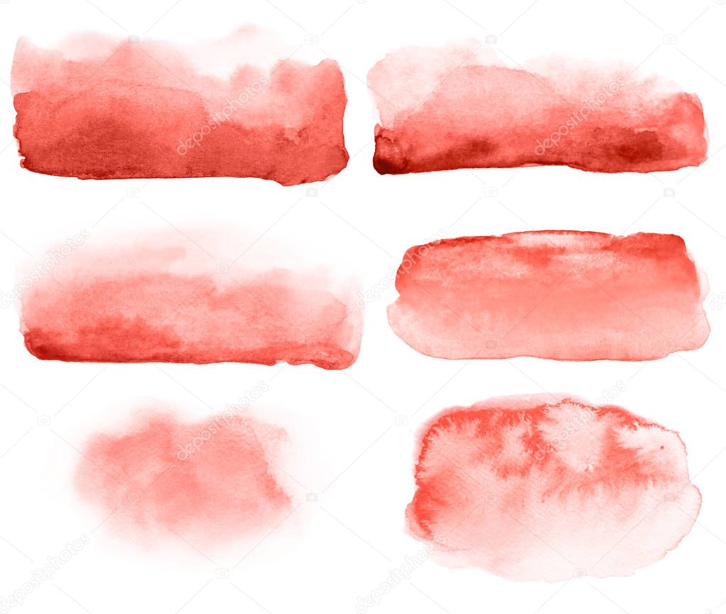 Collection of watercolor hand drawn brush strokes. Abstract backgrounds in trendy color living coral