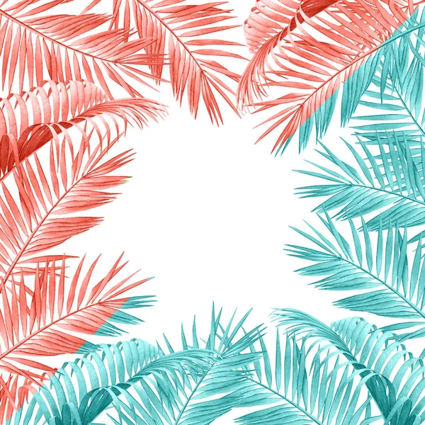 Tropical Frame Watercolor Palm Branches Trendy Colors Light Blue Living — Stock Photo, Image