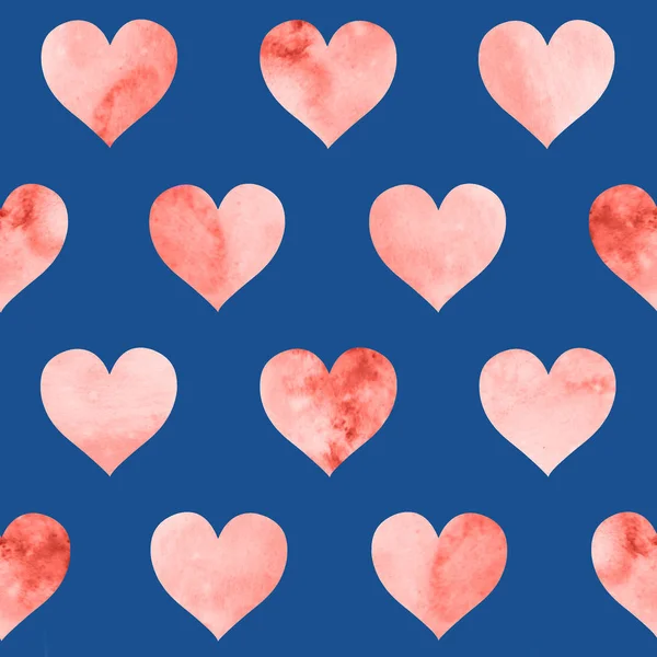 Απρόσκοπτη Μοτίβο Ακουαρέλα Κόκκινες Καρδιές Στον Μπλε Φόντο Ζουν Κοραλί — Φωτογραφία Αρχείου