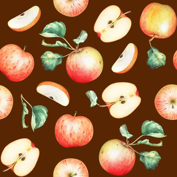 Naadloze Patroon Met Aquarel Rode Appels Groene Bladeren Bruine Achtergrond — Stockfoto