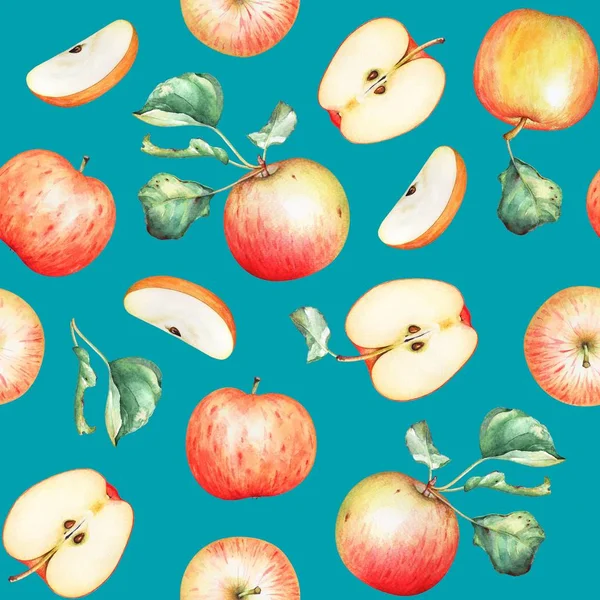 Patrón Sin Costuras Acuarela Con Manzanas Sobre Fondo Azul Brillante — Foto de Stock
