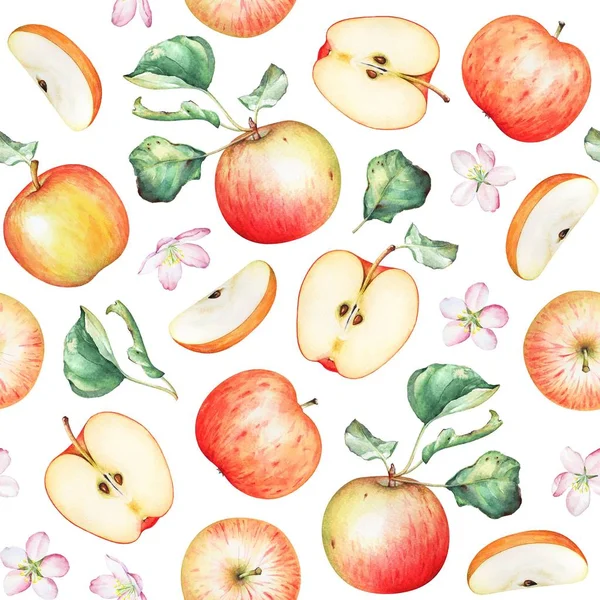 Seamless Pattern Hand Drawn Watercolor Apple Fruits Green Leaves White — Stock Photo, Image