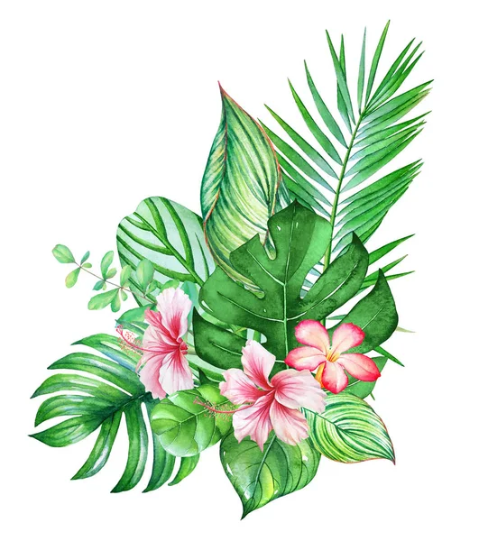 Krásná Kytice Akvarel Tropickými Rostlinami Květinami — Stock fotografie