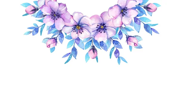 Watercolor Floral Decorative Element Purple Flowers Blue Leaves — Stock Photo, Image