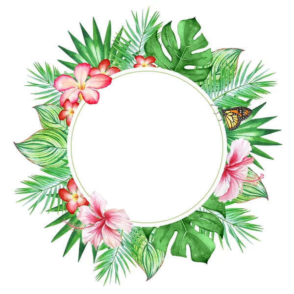 Modelo Cartão Circular Floral Com Aquarela Plantas Tropicais Floridas — Fotografia de Stock