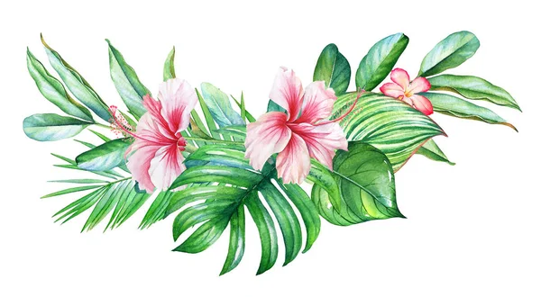 Aquarell Komposition Mit Tropischen Blumen Und Pflanzen Auf Weißem Hintergrund — Stockfoto