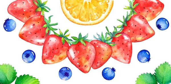 Kleurrijk Fruit Ontwerp Met Aquarel Aardbei Blueberry Oranje Groene Bladeren — Stockfoto