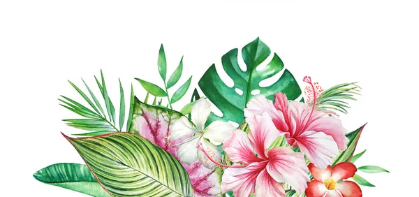 Aquarel Samenstelling Met Tropische Planten Bloemen Geïsoleerd Witte Achtergrond — Stockfoto