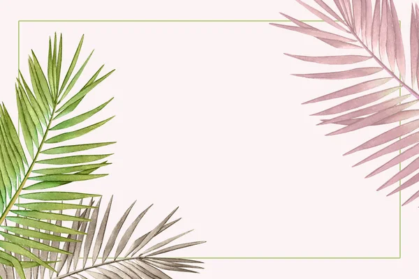 Açık pembe backgroud pastel renklerde suluboya palmiye yaprakları ile tropikal çiçek tasarımı.