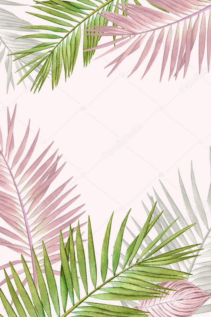 Floral design with watercolor tropical plants in pastel colors on light pink background.