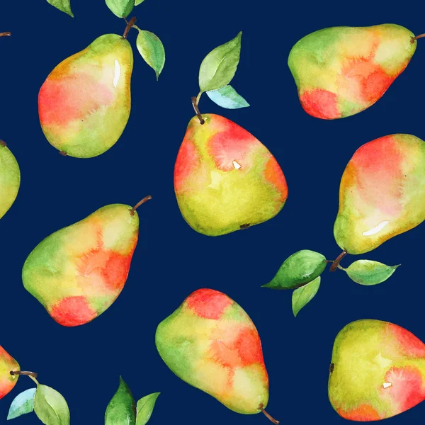 葉と手描きの緑熟した梨とのシームレスなパターン — ストック写真
