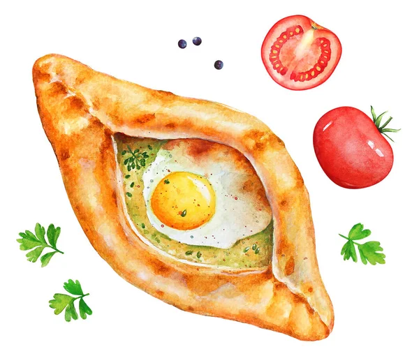 Watercolor Illustration Traditional Georgian Dish Adjarian Khachapuri Tomatoes Black Pepper — Stock Photo, Image