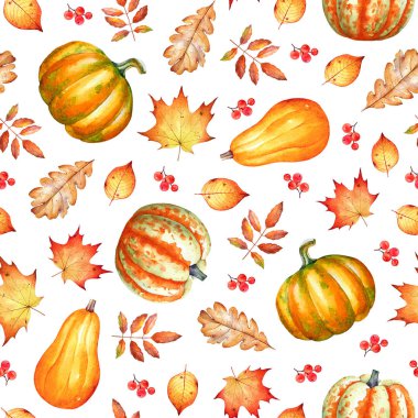 Beyaz arka plan üzerinde sonbahar yaprakları, kabakve çilek ile suluboya dikişsiz desen.