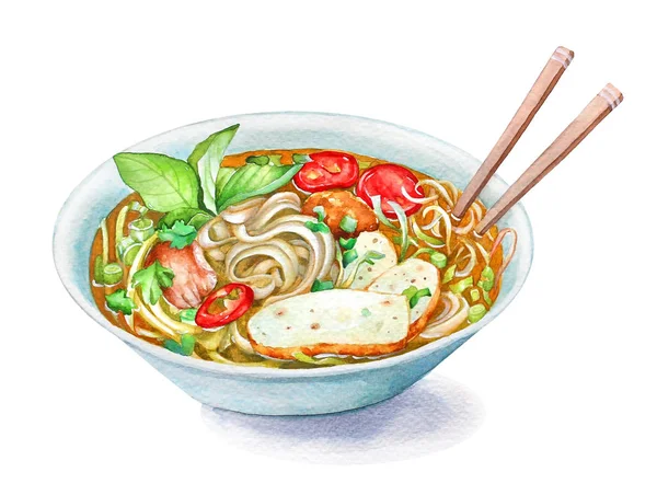 Aquarell Illustration Des Traditionellen Vietnamesischen Fischkuchens Nudelsuppe Brötchen Cha Teller — Stockfoto