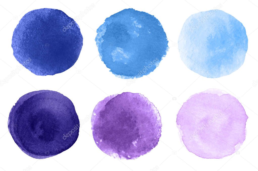 Watercolor blue and purple round brush strokes on white background