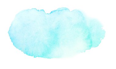 Beyaz zemin üzerinde lekeler ve pürüzlü kenarlarla soyut suluboya mavi fırça darbesi