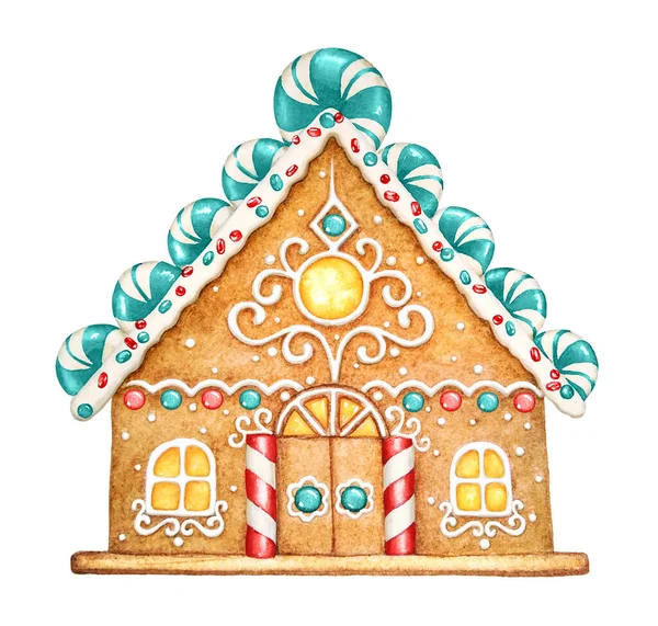 お菓子やガーランドとジンジャーブレッドハウスの水彩イラスト クリスマスと新年の休日の気分 — ストック写真