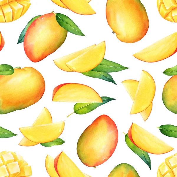 Beyaz Arka Planda Suluboya Mango Meyveleri Yeşil Yapraklarla Kusursuz Desen — Stok fotoğraf