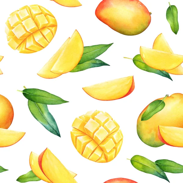 Beyaz arka planda suluboya mango meyveleri ve yeşil yapraklarla kusursuz desen
