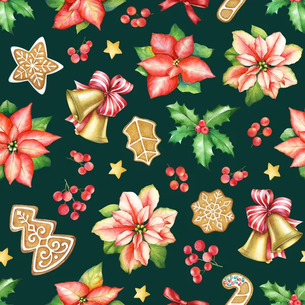 Seamless Pattern Watercolor Red Poinsettia Flowers Green Leaves Ginger Cookies — Stock Photo, Image