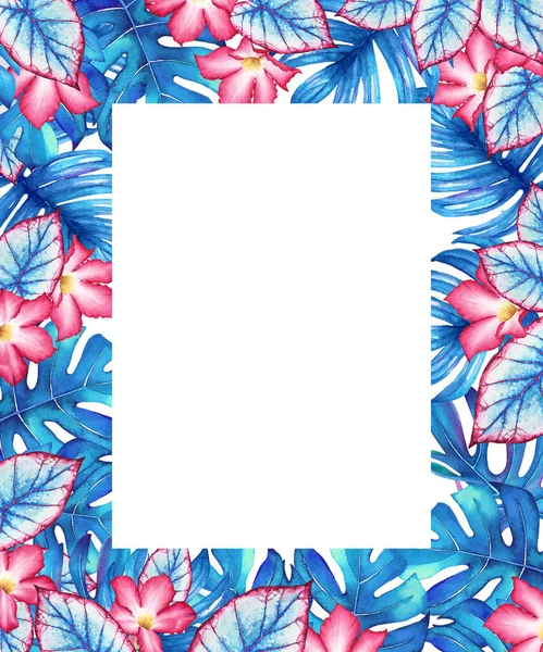 Watercolor Tropical Frame Blue Leaves Pink Flowers Illustration Design Wedding — Stock Photo, Image