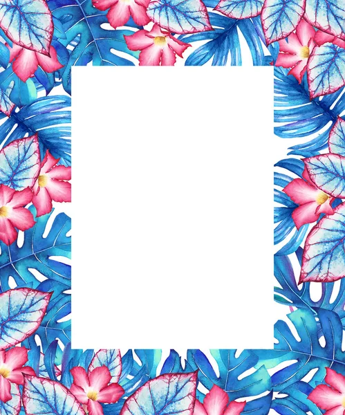 Moldura Tropical Aquarela Com Folhas Azuis Flores Rosa Ilustração Para — Fotografia de Stock
