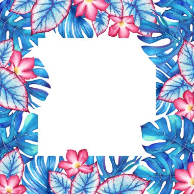 Çiçek çerçevesi suluboya mavi tropikal bitkiler ve pembe çiçekler beyaz arka planda.