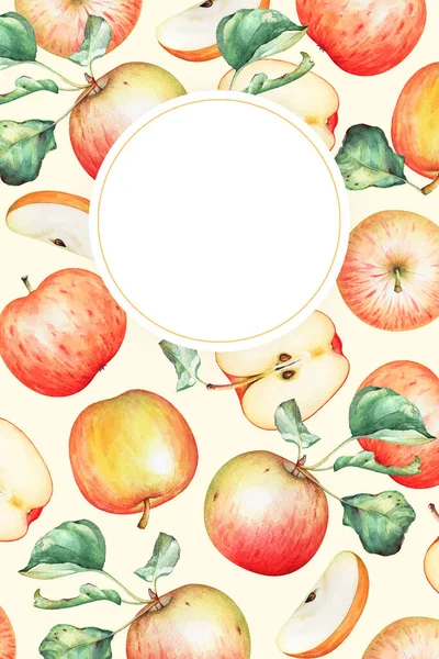Mönster Med Akvarellröda Äpplen Och Blad Och Ett Kopieringsutrymme För — Stockfoto
